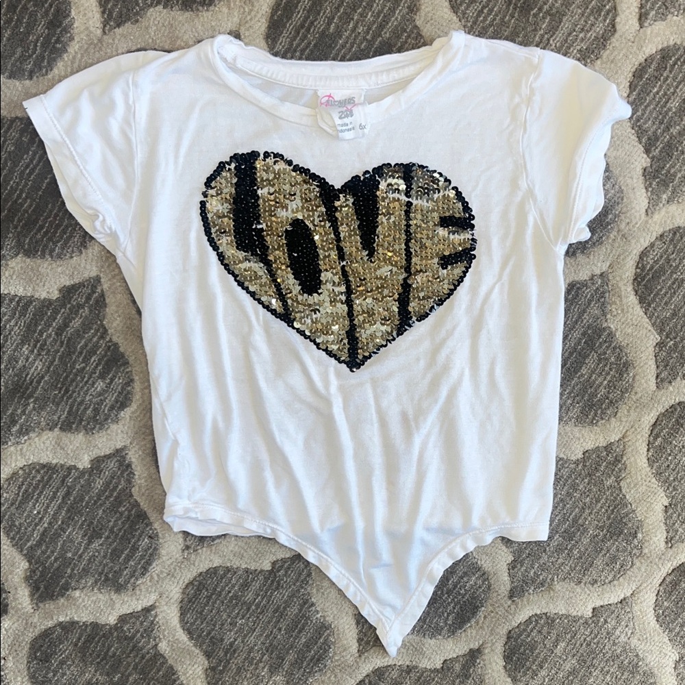 Flowers by Zoe White Short Sleeve Tee with Gold & Black Sequin Heart